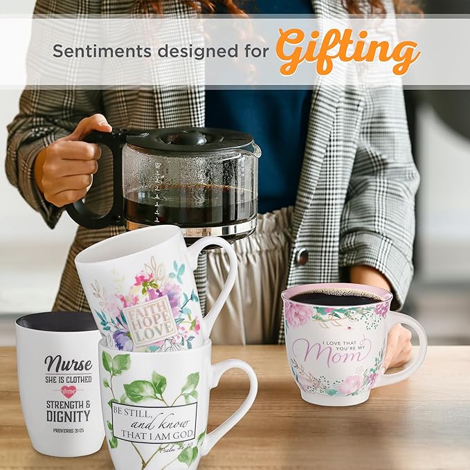 Christian Art Gifts Encouraging Scripture Ceramic Coffee & Tea Mug for Women: Be Still & Know Bible Verse Psalm, Inspirational Microwave/Dishwasher Safe Drinkware, White & Green Leaf Branches, 12 oz.