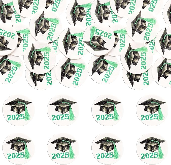 Gyufise 48Pcs Edible 2025 Graduation Theme Cupcake Toppers Wafer Paper Graduation Hat Graduate Cupcake Picks Green