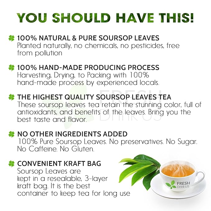 FreshDrinkUS, Premium 30+ Soursop Graviola Dried Leaves, Natural Whole Soursop Leaves, Wildcrafted, Hoja Guanabana, Loose Leaf Herbal Tea, No Gluten, Vegan
