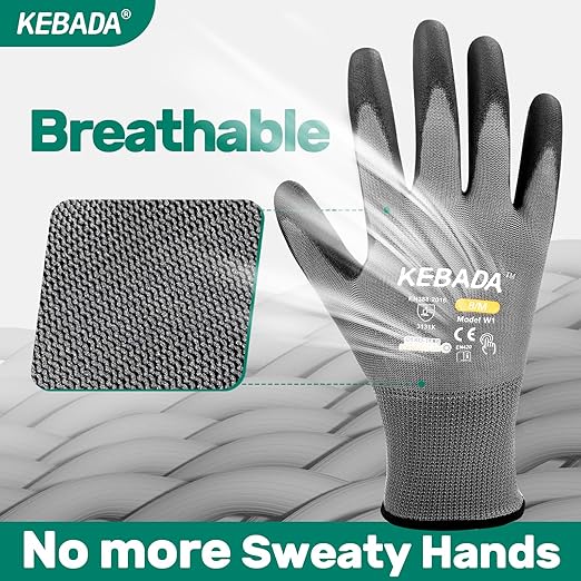 Kebada W1 Work Gloves for Men and Women, PU Coated Safety Gloves with Grip, Touchscreen, Ideal for Warehouse Work, Construction, Gardening, 12 Pairs Gray X-Large