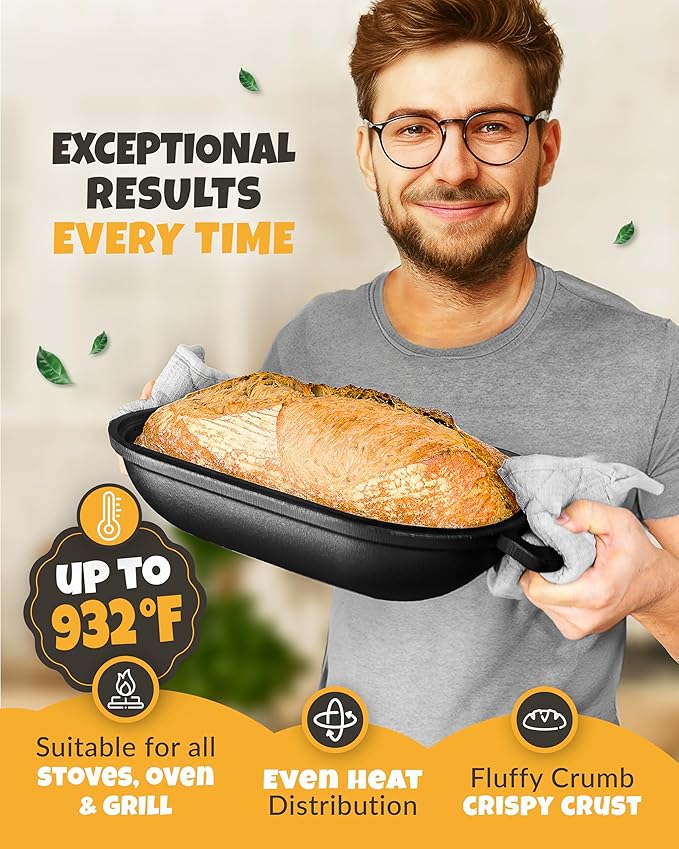 Cast Iron Bread-Pan with Lid - incl. Sourdough Bread Baking Supplies - like Banneton Bread-Proofing Basket - 7.2QT Bread-Oven Dutch, Oven for Bread-Baking Cast Iron Pan Scoring Tool Lame Kit