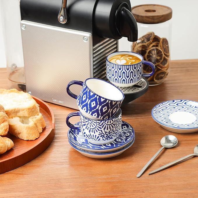 Selamica Ceramic Espresso Cups with Saucers and Metal Stand, 4 OZ Stackable Cappuccino Cups, Demitasse Cups for Latte Coffee Café Mocha Tea, Set of 4, Vintage Blue