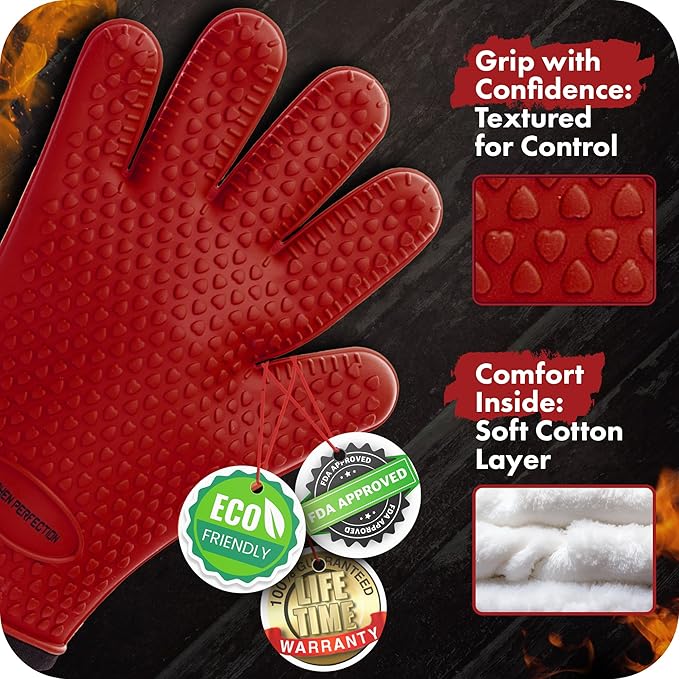 KITCHEN PERFECTION S Silicone Smoker Oven Gloves -Extreme Heat Resistant BBQ Gloves -Handle Hot Food Right on Your Grill Fryer Pit|Waterproof Oven Mitts |Superior Value Set+3 Bonuses