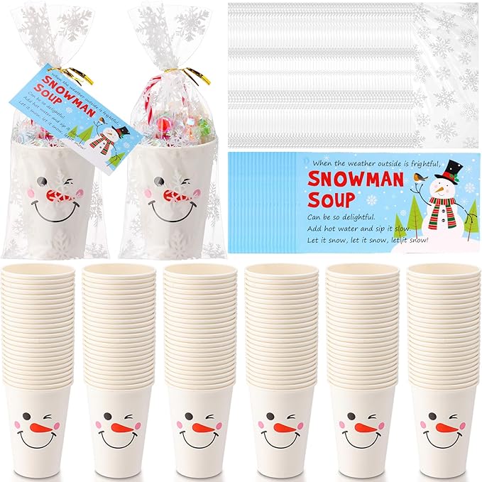 150 Sets Christmas Snowman Soup Kits for Classroom Coworker Gift 12 Oz Winter Snowman Paper Cups for Hot Cocoa Chocolate Marshmallow Soup Tags Clear Xmas Bags (Classic)