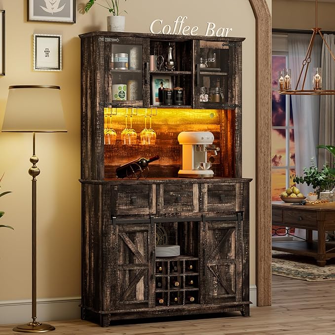 72" Coffee Bar Cabinet with Sliding Barn Door & LED Lights, Sideboard Buffet Cabinet with Wine Bottle Rack, 3 Drawers, Storage Cabinet for Kitchen, Dining Room, Dark Rustic Oak, DBC20B