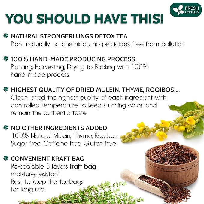 FreshDrinkUS, StrongerLungs 75 Tea Bags - Mullein Leaf, Ginseng, Elderberry, Ginger & Thyme - Supports Lung Cleanse, Congestion Relief & Mucus Detox - Caffeine-Free & All-Natural