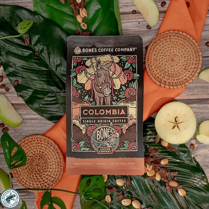 Bones Coffee Company Colombia Single-Origin Coffee, Almonds, Dried Fruit, Vanilla Notes, Flavored Ground Coffee, Medium Roast Low Acid Arabica Beans for Coffee Maker, 12 oz Ground