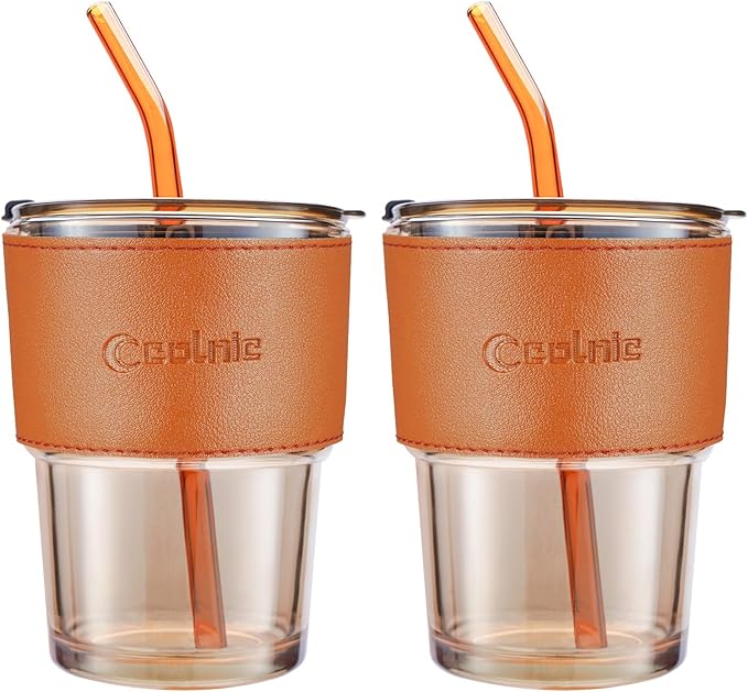 Iced Coffee Cup, 15Oz/450ml Glass Cups With Lids And Straws, Iced Coffee Glasses Tumbler, Thick Wall Glass Mug For Tea Water With 2 Straw And Leather Sleeve, Xmas Gifts (Amber 2PCS)
