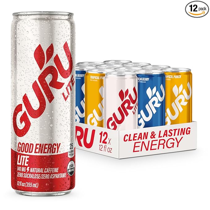 GURU Organic Energy Drinks Variety Pack, Clean Energy Drink with Plant Based Natural Caffeine from Green Tea, Gluten Free and Vegan, 140MG Caffeine, Healthy Drinks, 12 oz (Pack of 12)