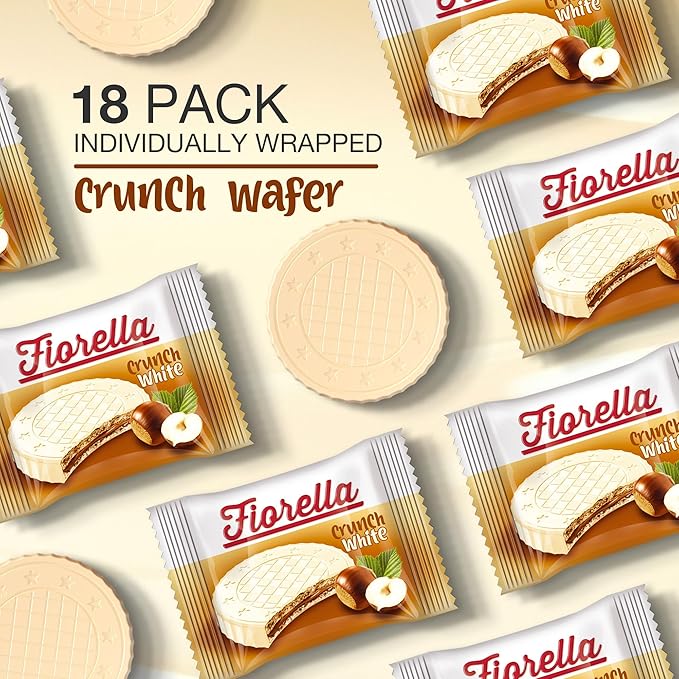 Fiorella Crunch Wafer Cookies, White Chocolate Covered Crispy Thin Crunch Wafers with Hazelnut Cream Filling, Chocolate Biscuits, 18 Individually Wrapped Snacks, Pack of 1