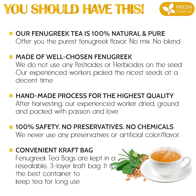 FreshDrinkUS, Premium 75 Fenugreek Tea Bags, 100% Natural & Pure from Fenugreek. Fenugreek Herbal Tea. Made with Natural Material Tea Bags. No Sugar, No Caffeine, No Gluten, Vegan.