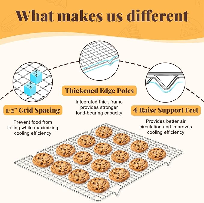 Cooling Racks for Cooking and Baking - 2 PCS 11.65" x 16.85" Grid Wire Baking Rack for Oven Cooking, Baking, Grilling, Roasting -Dishwasher Safe Bacon Rack- Fits Half Sheet Cookie Pan