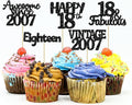Gyufise 30Pcs Vintage 2007 Cupcake Toppers Glitter Eighteen Happy 18th Cupcake Picks Happy 18th Birthday Cake Decorations for Happy 18th Birthday Fabulous Anniversary Party Supplies Black