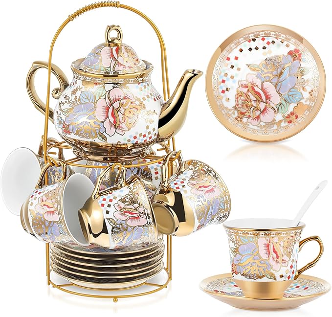 Zhehao 20 Pcs Porcelain Tea Set with Metal Holder and Spoon Adult Ceramic Tea Party Set European Flower Painting Teapot Cup Saucer Spoon Set for Women, Large Version(Rustic Style)