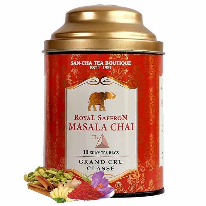 Sancha Tea Boutique Royal Saffron Chai | 30 Pyramid Bags | Masala Chai with Real Kashmiri Saffron & Premium Assam Tea | India’s Famous Spiced Tea