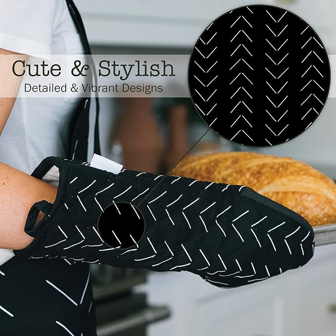 Heat Resistant Designer Kitchen Oven Mitts with Neoprene Non-Slip Grips and Hanging Loops | Set of 2 100% Cotton Long Sleeve Kitchen Oven Mitts | 5.5" x 12" | Black