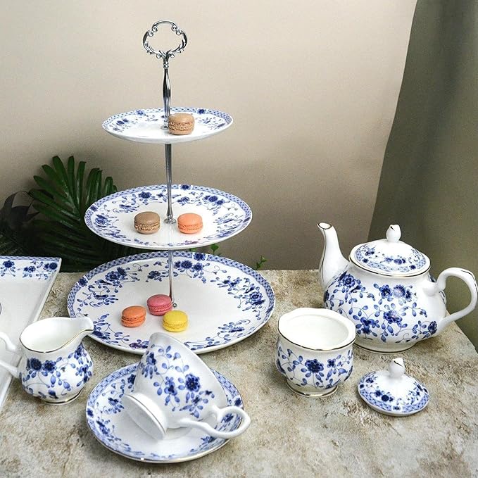 Bone China Tea Set for Adults, 13-Piece Porcelain Tea Sets,Blue and White Bone China Tea Cup Set for 4，Vintage Tea Sets for Women Tea Party or Christmas Gifts