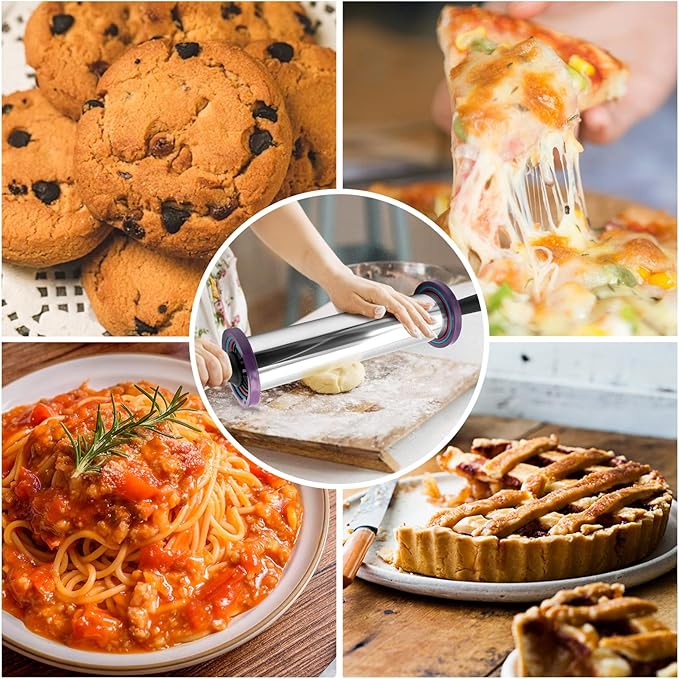 Rolling Pins,Rolling Pin and Silicone Baking Pastry Mat Set,Rolling Pins,Adjustable Stainless Steel Rolling Pin with Thickness Rings for Baking Dough,Pizza,Pie,Pasta