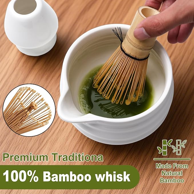Matcha Whisk Set with Storage Box – 8 Pcs Matcha Tea Set Includes White Matcha Bowl, Whisk & Holder, Scoop & Rest, Sifter, Tea Cloth – Complete Japanese Matcha Set for Tea Lovers & Gift Giving