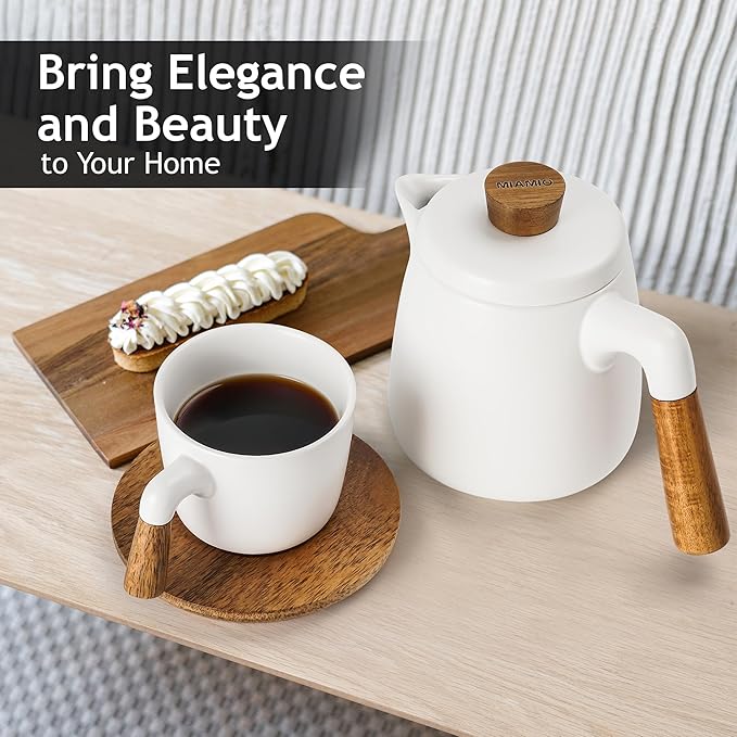MIAMIO – 34 Oz Ceramic Tea Pot Set with Infuser and Cups/Tea Strainer, 4 Ceramic Tea Mugs (10 Oz), Bamboo Saucers/Handle for Home and Office (White)