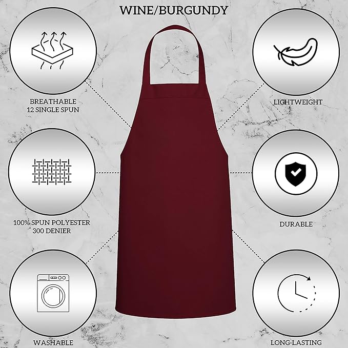 GREEN LIFESTYLE 12 Pack Professional Chef Apron – Grilling Aprons for Men, Waterproof Cooking Apron for BBQ, Work or Restaurant Use, Kitchen Aprons for Women – Burgundy, No Pockets