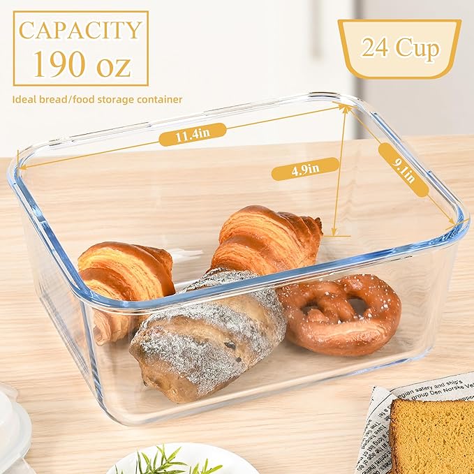 Glass Bread Box Airtight Bread Container, 190oz / 24Cup Large Glass Storage Containers with Lids, Ideal Airtight Food Storage Containers, Roasting Turkey/Chicken/Cookie, Oven&Dishwasher Safe
