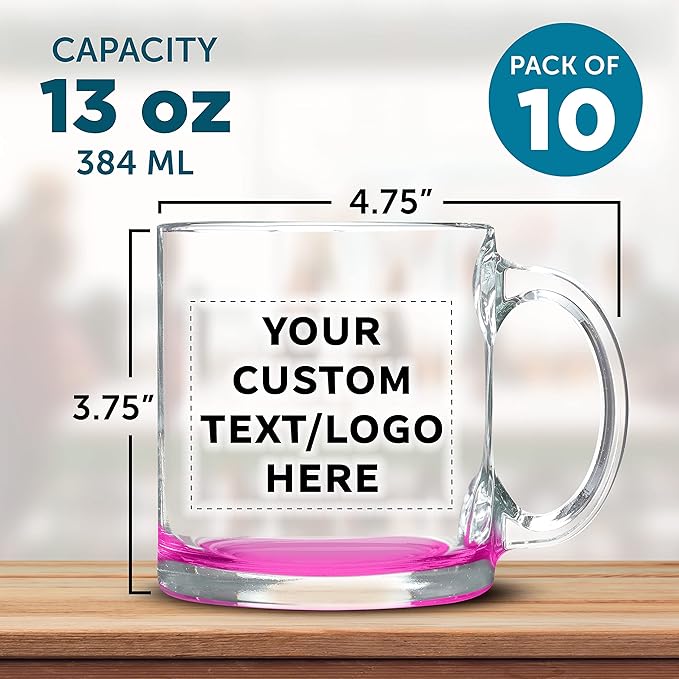 Custom Libbey Clear Glass Coffee Mugs 13 oz. Set of 10, Personalized Bulk Pack - Perfect for Coffee, Tea, Espresso, Hot Cocoa, Other Beverages - Pink Bottom
