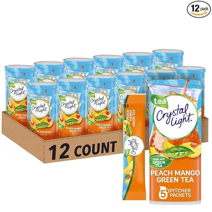Crystal Light Peach Mango Green Tea Naturally Flavored Powdered Drink Mix, 60 ct Pack, 12 Canisters of 5 Pitcher Packets