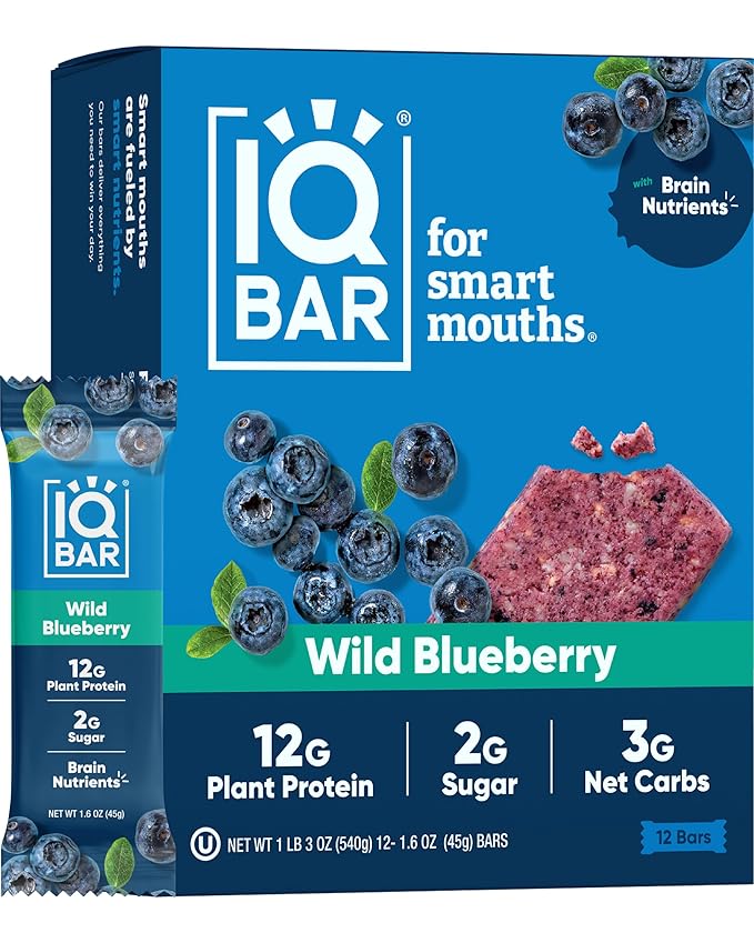 IQBAR Brain and Body Plant Protein Bars - Wild Blueberry - 12-Count - Keto, Vegan, Low Carb, High Fiber, Gluten Free, Dairy Free, Low Sugar Snack with Nutrients for Focus, Energy, Meal Replacement