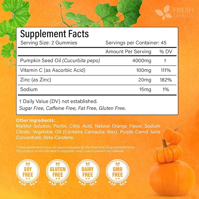 FreshDrinkUS, Premium 90 Pumpkin Seed Oil Gummies For Hair Growth, Youthful Skin, 4000mg Per Serving with Zinc & Vitamin C – Plant-Based, Non-GMO, Sugar/Gluten-Free, Men’s & Women’s Wellness Gummies