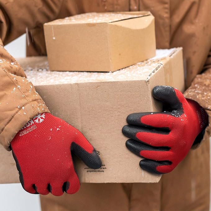 KAYGO Winter Work Gloves for Men and Women, 12 Pairs Thermal Insulated Safety Work Gloves PU Coated, Smooth Grip on Palm & Fingers,Ideal for Freezer Work,Red,M