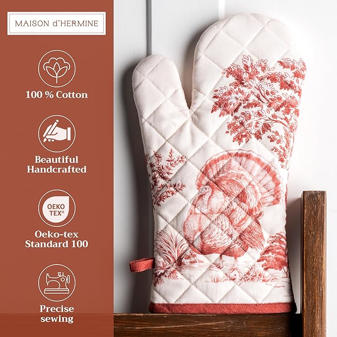 Maison d' Hermine Oven Gloves 100% Cotton Oven Mitt 7" x 13" with Loop Heat Resistant, BBQ, Cooking Gloves, Baking, Grilling, Kitchen, Handling Hot Pans (Pack of 1, Holy Jouy - Red)