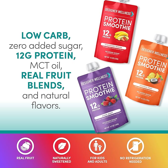Designer Wellness Protein Smoothie, Real Fruit, 12g Protein, Low Carb, Zero Added Sugar, Gluten-Free, Non-GMO, No Artificial Colors or Flavors, Variety Pack, 12 Count