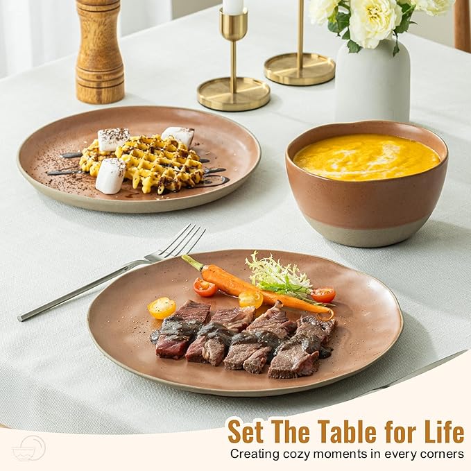 12 Pieces Dinnerware Sets,Plates and Bowls Sets, Handmade Reactive Glaze Dishes Set for 4 with at Least 10% Recycled Ceramic(Brownish Red)
