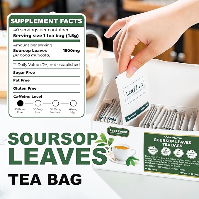 LeafLea 160 Premium Soursop Tea Bags, Natural & Pure Sour sop Graviola Tea Leave, Hoja Guanabana Leaf Herbal Tea Bags Variety Pack of 4, Digestive Support, Nutrient-Rich, Vegan, Sugar/Caffeine Free