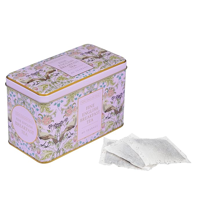New English Teas Song Thrush and Berries Tea Tin in Pink with 40 English Breakfast Teabags