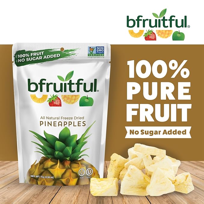 bfruitful Freeze-Dried Pineapple, Freeze Dried Fresh Fruit Bites, Gluten Free, Vegan, Dairy Free, Kosher, No Sugar Added, Non GMO, Healthy Snacks for Kids or Adults, 0.56 oz Single-Serve Snack Packets, 12 Pack