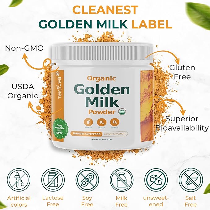 Organic Golden Milk Powder with Vitamins D3 & K2, Turmeric, Ginger, Curcumin, Cinnamon, KSM66 Ashwagandha, Holy Basil & Natural Prebiotics– Delicious Unsweetened Turmeric Tea Latte - 3 Pack
