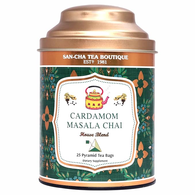 Sancha Tea Boutique, Cardamom Masala Chai, 25 Pyramid Tea Bags, Premium Assam Black Tea with Real Cardamom, Authentic Spiced Chai Latte, No Artificial Flavours
