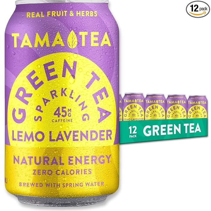 Tama Tea Sugar-Free Sparkling Green Tea, Lemo Lavender – Organic & Naturally Energizing – Zero Calories, Zero Carbs, Non-GMO – Antioxidant-Rich with 45mg Natural Caffeine – 12 oz Cans (12-Pack)