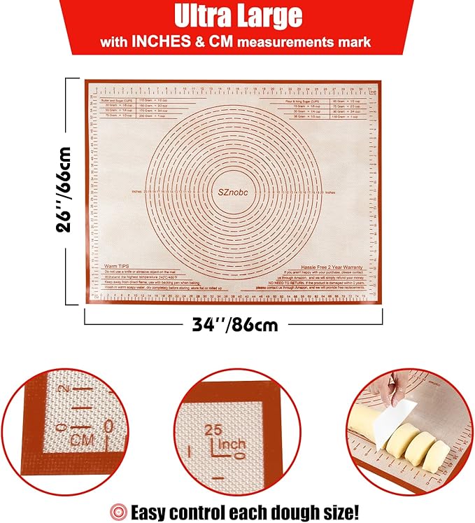 Silicone Pastry Mat 36'' By 24'' Extra Large Baking Mat with Measurements for Dough Rolling, Kneading Board, Kitchen Counter Mats, Perfect for Dough, Fondant, Pie Crust, Cookies, Bread, Pasta, Pizza