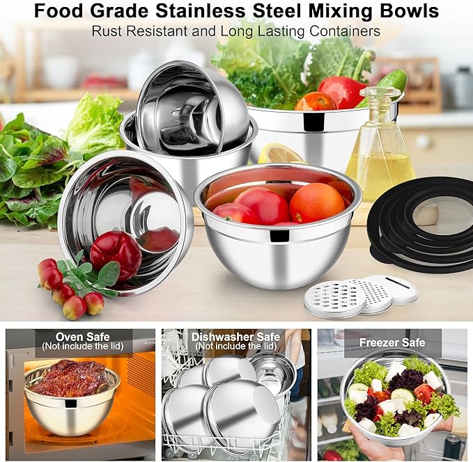 E-far Mixing Bowls Set of 5, Stainless Steel Salad Mixing Bowl with Transparent Lid, Metal Nesting Bowl Attach with 3 Graters for Kitchen Prepping/Serving/Baking/Storage, 4.6/2.6/1.5/1/0.7 QT - Black