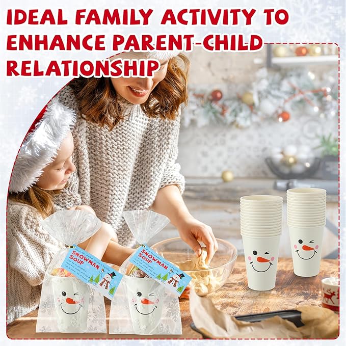 50 Sets Christmas Snowman Soup Kits for Classroom Coworker Gift 12 Oz Winter Snowman Paper Cups for Hot Cocoa Chocolate Marshmallow Soup Tags Clear Xmas Bags (Classic)