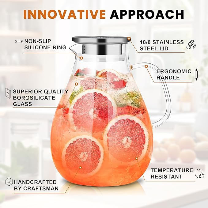 SUSTEAS 3 Litre 101oz Glass Pitcher Jar with Lid and Nozzle, 3.17Quart Cold/Hot Water Glass Water Bottle, Ice Tea for Refrigerator, Large Water Jar for Juice, Milk, Coffee or Homemade Drinks