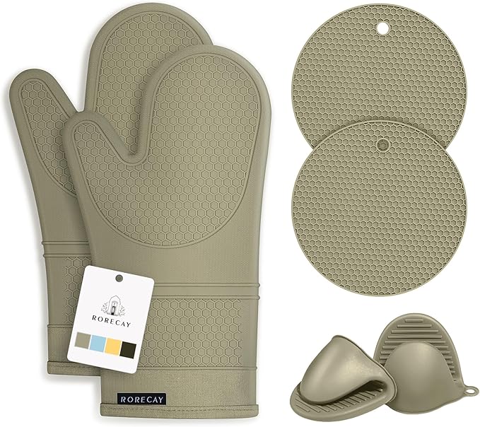 Rorecay 6pcs Oven Mitts and Pot Holders Sets Heat Resistant 500 Degrees, Extra Long Silicone Oven Gloves Non-Slip Potholders Hot Pads for Kitchen Baking Cooking, Quilted Liner, Martini Olive