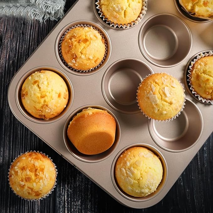 12-Cup Muffin Pan Tin for Baking, 2 Packs Nonstick Cupcake Pan Tin, Cup Cake Tray, Cheesecake Pans, Gold
