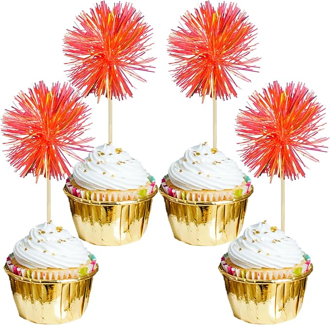 Gyufise 30Pcs Foil Firework Cupcake Toppers Sparkle Tinsel Cake Toppers Tinsel Drink Cake Decoration Cocktail Picks for Birthday Wedding Graduation Party Supplies Dark Orange