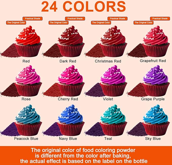 Food Coloring Powder - 24 Vibrant Colors Powder Food Coloring, Flavorless High Concentrated Food Dye for Icing, Cake Decorating, Baking, Cookies, Frosting, Slime - 2g/bottle