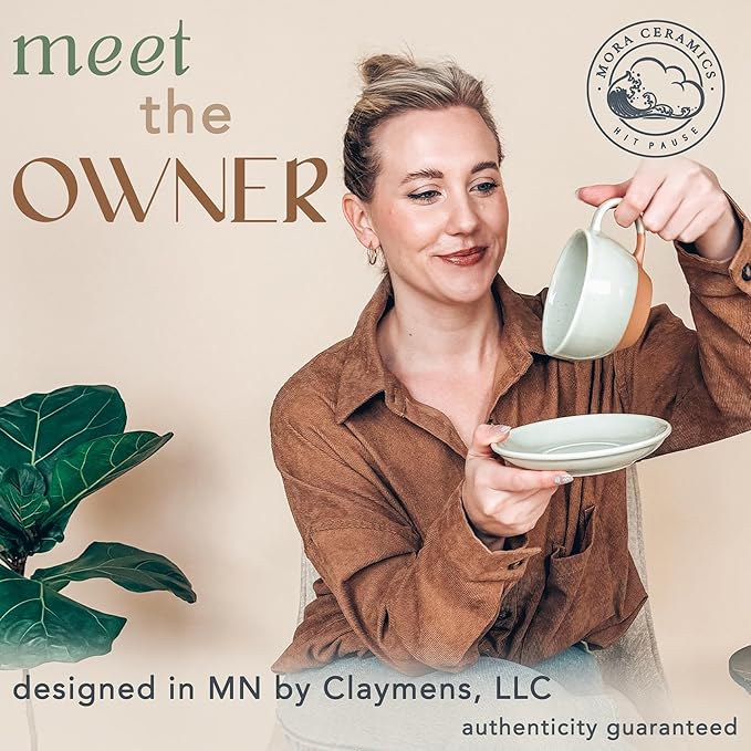 Mora Ceramic Latte Art Mug With Saucer - 10.5 oz, Round Bottom For Perfect Pours - Cafe Cups for Cappuccino, Espresso, Coffee, Tea etc - Porcelain Set for Baristas, Great Gift - Light Matcha