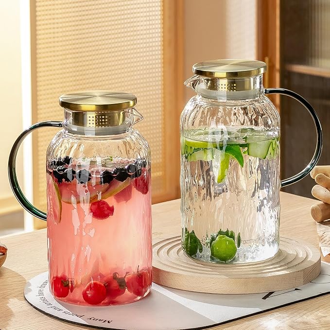 2 PACK Glass Pitcher with Lid and Spout, 68 oz/2 Liter Water Pitcher for Fridge, Clear Borosilicate Glass Water Carafe for Cold Brew, Coffee, Lemonade, Iced SunTea,Milk, Heat Resistant